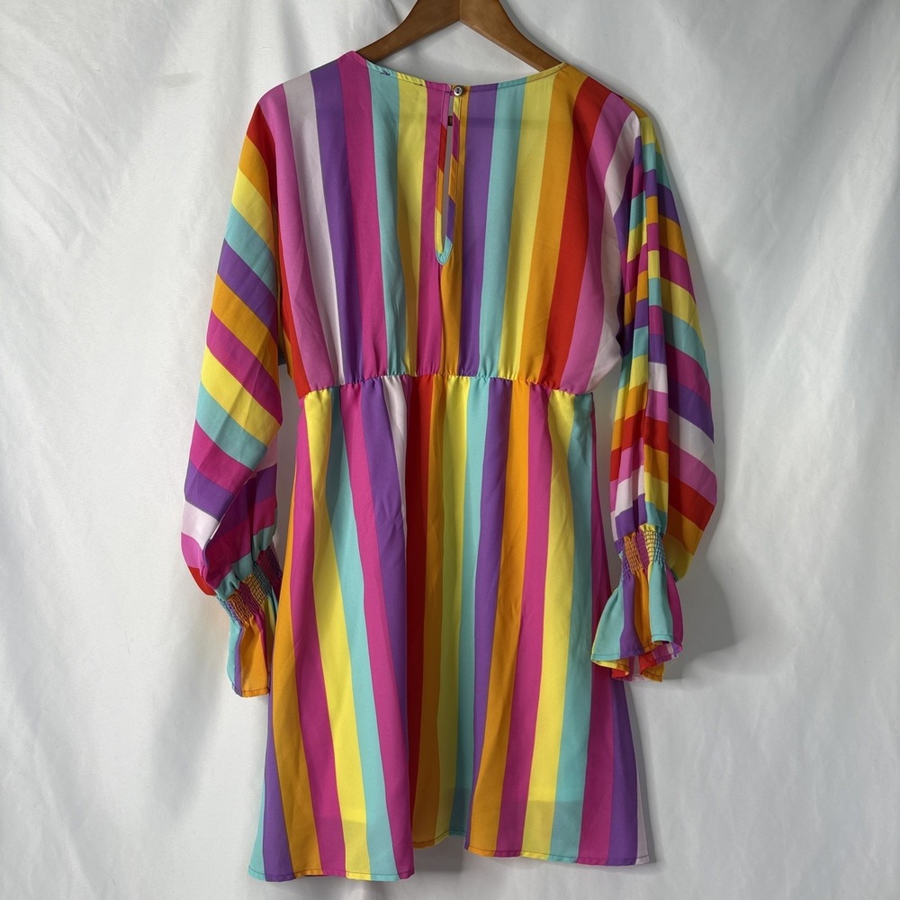 Peach Love California M Rainbow Stripe Dress Boho Retro Mini V-neck Ruffle USA - Picture 6 of 7
